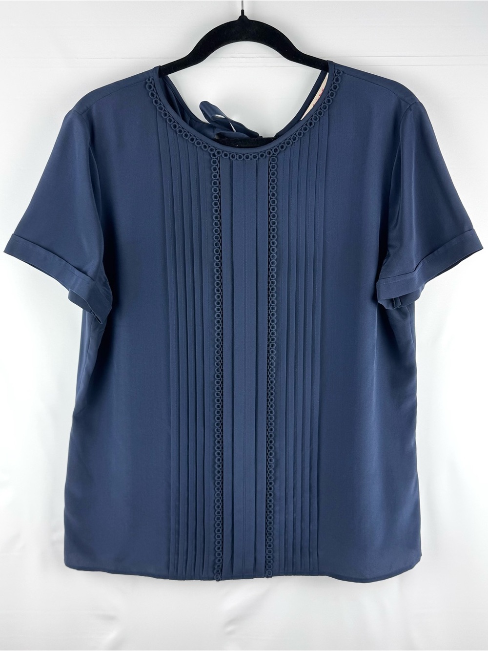 Brooks Brothers Navy Pintuck Tie-Back Short Sleeve Blouse